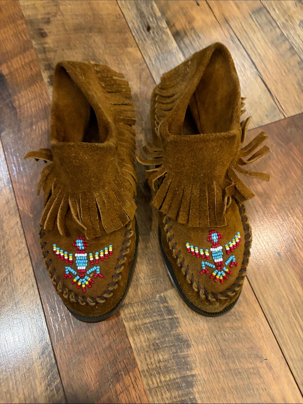 Minnetonka Brown Suede Fringe Moccasins with Colorful Bead Bird
